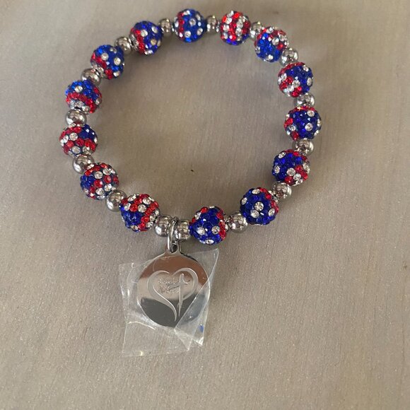 Blessed Beads Red White Blue Rhinestone Patriotic Beaded Stretch Bracelet USA - Picture 2 of 7